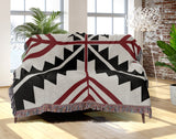 Tala Southwestern Cotton Blend Blanket Throw in Red, Black and Off-White, draped over a chair