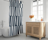 Thora Stripes Abstract Mid-Century Shower Curtain in Navy - view 3