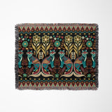 Tia Folksy Tiger Cotton Blend Blanket Throw in Black, Teal, Brown and Green, laid flat