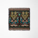 Tia Folksy Tiger Cotton Blend Blanket Throw in Black, Teal, Brown and Green, laid flat