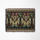 Tia Folksy Tiger Cotton Blend Blanket Throw in Black, Green, Red and Teal, laid flat