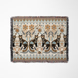 Tia Folksy Tiger Cotton Blend Blanket Throw in Black, Brown, Beige and Off-White, laid flat