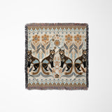 Tia Folksy Tiger Cotton Blend Blanket Throw in Black, Brown, Beige and Off-White, laid flat