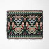 Tia Folksy Tiger Cotton Blend Blanket Throw in Black, Pink, Green and Teal, laid flat