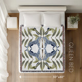 Tuk Leopard Cotton Blend Blanket Throw in Blue, Green and Off-White, laid flat