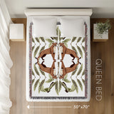 Tuk Leopard Cotton Blend Blanket Throw in Green, Burnt Orange and Off-White, laid flat
