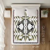 Tuk Leopard Cotton Blend Blanket Throw in Black, Green and Off-White, laid flat