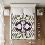Tuk Leopard Cotton Blend Blanket Throw in Purple, Green and Off-White, laid flat