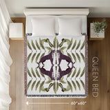 Tuk Leopard Cotton Blend Blanket Throw in Purple, Green and Off-White, laid flat