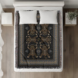 Voha Tibetan Tiger Cotton Blend Blanket Throw in Black, Brown and Gray, on a bed