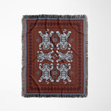 Voha Tibetan Tiger Cotton Blend Blanket Throw in Red, Blue and Burnt Orange, full view