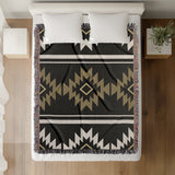 Wapi Southwestern Cotton Blend Blanket Throw in Black, Dull Gold and Off-White, on a bed