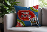 You Rock Hand Sign  Square Throw Pillow in Blue - Size 16x16