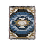 Zio Southwestern Cotton Blend Blanket Throw in Blue, Off-White and Dull Gold, full view