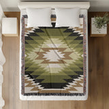 Zio Southwestern Cotton Blend Blanket Throw in Chartreuse, Off-White and Dull Gold, on a bed