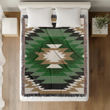 Zio Southwestern Cotton Blend Blanket Throw in Green, Off-White and Dull Gold, on a bed