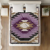 Zio Southwestern Cotton Blend Blanket Throw in Purple, Off-White and Dull Gold, on a bed