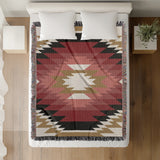 Zio Southwestern Cotton Blend Blanket Throw in Red, Off-White and Dull Gold, on a bed