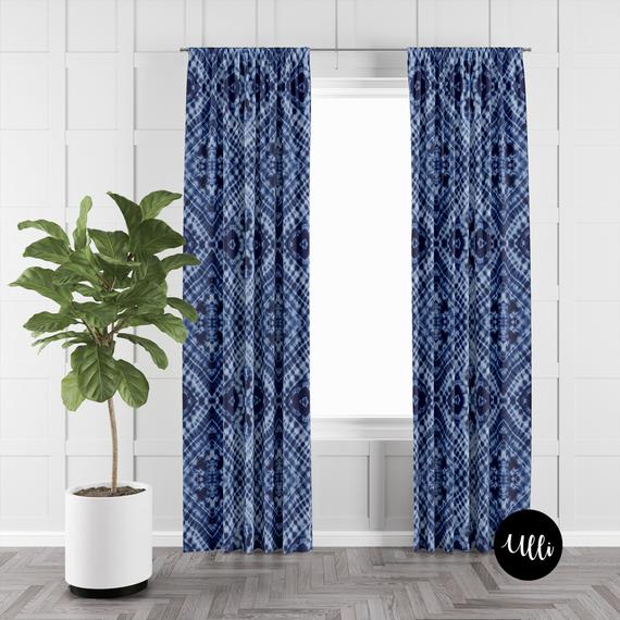 Diamond Dark Blue and White Japanese Shibori Indigo Curtain