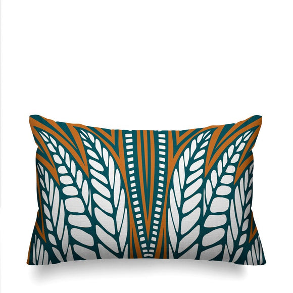 Emerald and Orange Tribal Abstract Lumbar Pillow, Abstract Mid Century Pillow, Leaf Abstract Bohemian Eclectic Pillow, ulli. ullihome, buy black, black owned, living room decor, bedroom decor, office decor, melanin art, bgm art, african art, african american art