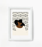 ulli, ullihome, office decor, bedroom decor, living room decor, bgm art, black girl magic, women art, woman art, black girl art, feminist art, melanin art, black sistas, afro art, black owned, buy black,Black Black Girl With Hat Minimalist Art, Mud Cloth, African Tribal Cloth