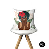 Tropical Leaf Pillow Cover. Lily Flower Pillow Covers, Afro Throws, Black Girl Woman Art, Natural Hair Girl, Black Queen, Tropical Leaves Pillow Cover. Floral Pillows, Lily Pillow, Floral Mix and Match Pillow, Decorative Pillow, Black Girl, Natural Hair, Black Art, bgm art, melanin art, sista art, throw shams, buy black, black owned, ulli, ullihome, living room decor, bedroom decor, office decor