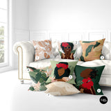 Tropical Leaf Pillow Cover. Lily Flower Pillow Covers, Afro Throws, Black Girl Woman Art, Natural Hair Girl, Black Queen, Tropical Leaves Pillow Cover. Floral Pillows, Lily Pillow, Floral Mix and Match Pillow, Decorative Pillow, Black Girl, Natural Hair, Black Art, bgm art, melanin art, sista art, throw shams, buy black, black owned, ulli, ullihome, living room decor, bedroom decor, office decor