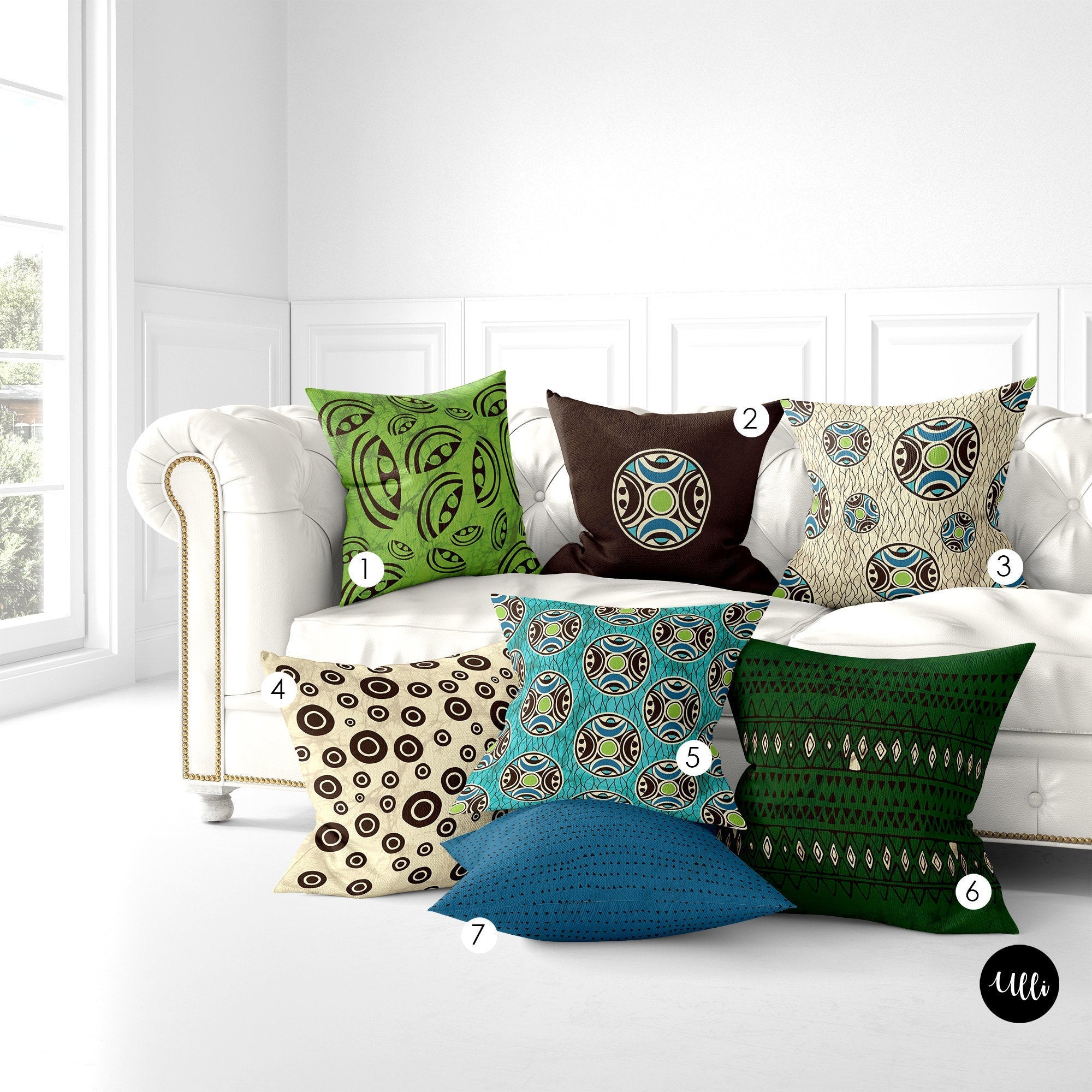Turquoise Beige Chartreuse Brown and Green Tribal Pillow Cover