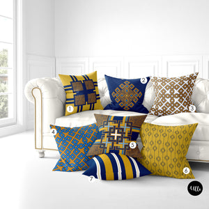 Yellow Navy Blue and White African Fabric Tribal Boho Pillow Cover, Stripped Geometric Pillows, Cross pillow cover, Blue Africa Fabric