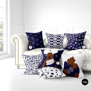 Navy Blue and White Decorative Pillow Cover, Mud cloth Cushion Cover, Black Girl Pillow, African American Art, African fabric Print, Woman Illustration Art, Black Woman Art, Navy Blue and White Mud cloth Pillow, African Fabric Print Throw Pillow, Kuba Cloth Pillow cover, Dark Blue Pillow Cover, ulli, ullihome, bedroom cover, living room decor, african print, african american print, throw shams, bgm art, afro art, black queen, black girl power, feminist art, woman art