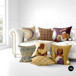 Purple Beige and Blue African Queen Pillow Cover. Nefertiti Pillow Cover, Black Princess Throw Pillow, Egyptian Art, Melanin Art, Geometric Pillow Cover, bgm art, black girl magic, woman art, african art, african american art, buy black, black owned, ulli, ullihome, living room decor, bedroom decor, office decor, bgm art