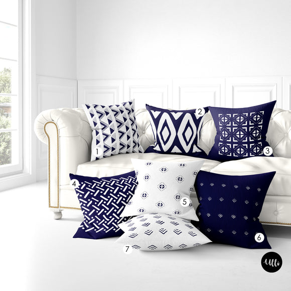 Hand-Drawn Navy Blue and White Tribal Pillow Cover –