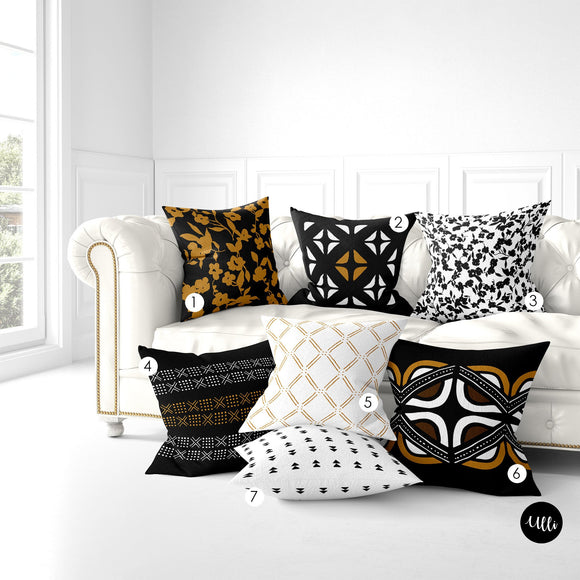 Black, Gold and White African Mud cloth Decorative Cushion Pillow Cover, African Tribal Cushion Cover Euro Sham, Black and White Floral Decorative Cushion, Boho Tribal Pillow Throws, bgm, bgm art, ulli, ullihome, black owned, bgm art, melanin art, bedroom decor, office decor, living room decor, throw pillow