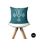 Emerald Green, Blue, Yellow and Beige Tribal Boho Pillow Cover, Faux Embroidery Pillow Cover, African embroidery Throw Pillow, African fabric Pillow, Adire Fabric Pillow, ulli, ullihome, buy black, black owned, melanin art, black girl magic art, bgm art, woman art, african art, african american art, feminist art, throw sham, pillow cover, living room decor, bedroom decor, office decor