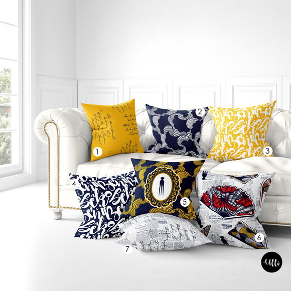 Navy Blue and Yellow African Fabric Tribal Boho Pillow Cover, Mix and Match Dark Blue and Red Throw Pillow, letter alphabet Quotes Pillow, ullihome, ulli, buy black, black owned, african print, african american print, afro art, boho art, living room decor, bedroom decor, throw shams