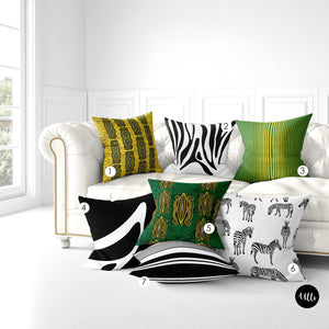 Black and White Zebra Print Pillow, Green and Yellow Africa Fabric Pillow, Stripped Black and White Print Pillow, Yellow African Tribal Boho, tribal art, office decor, living room decor, bedroom decor, ulli, ullihome, bgm art, melanin art, pillow cover, throw shams, buy black, black girl magic art, black owned