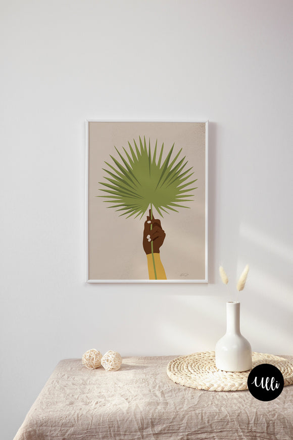 Motivational art print, Black holding Palm Poster, Black Illustration, Melanin, BGM, Afro Black Art, African american woman Poster, bgm art, melanin art, ulli, ullihome, office decor, living room decor, bedroom decor, buy black, black girl magic, bgm art, boho art, black owned, woman art, feminist art