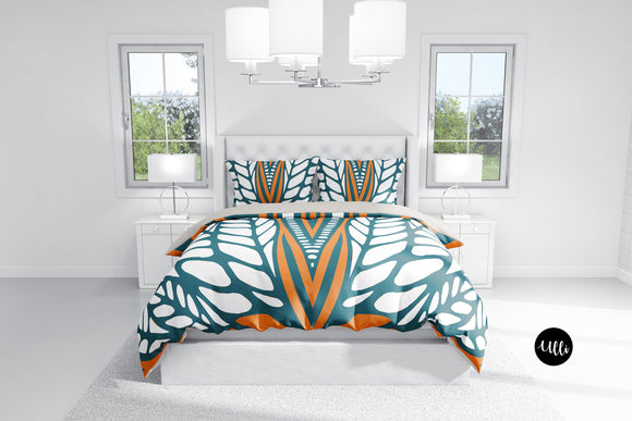 Emerald and Orange Abstract leaf Duvet Cover, Boho Hand drawn Duvet Cover, Afro tribal Bedding, Bedroom Decor, Boho Bedding, King, Queen & Twin Duvet Cover, ulli, ullihome, bedroom essentials, buy black, black owned, black woman owned business, woman art