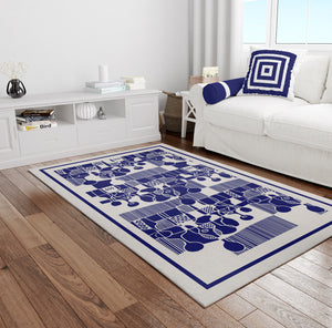 Tutu - Navy Blue and Beige Printed Rectangle Abstract Faces Tribal Area Rug