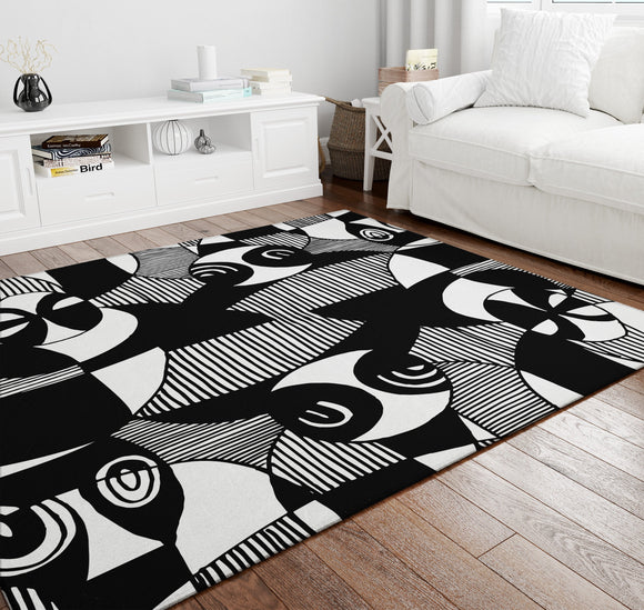 Siji - Black and White Eclectic Boho Tribal Faces Printed Area Rug - Afro Bohemian Tribal Rectangle Living Room Carpet, Aisle Runner, Bedroom Rug
