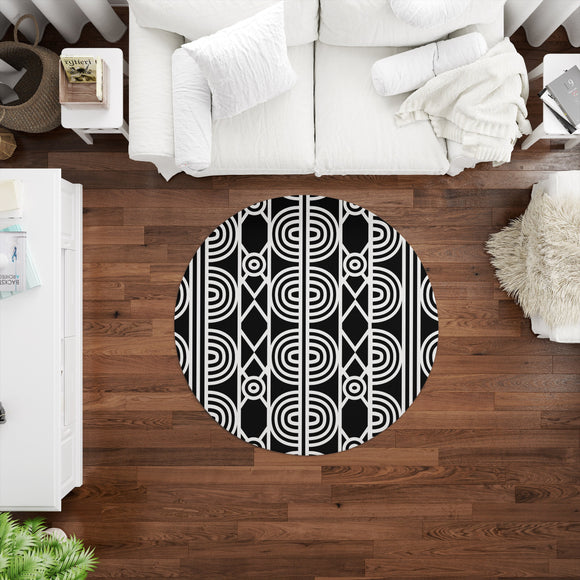 Siji - Black and White Printed Round Boho Abstract Tribal Area Rug