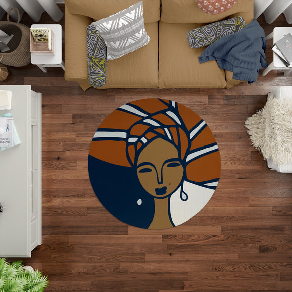 Abike - Navy Blue and Rust Woman In Head Wrap Printed Rectangle Afro Bohemian Area Rug