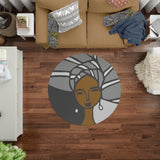 Abike - Brown and Beige African American Woman In Head Wrap Printed Round Afro Bohemian Area Rug