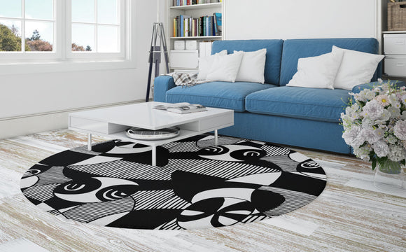 Siji - Black and White Printed Round Afro Bohemian Abstract Tribal Faces Area Rug
