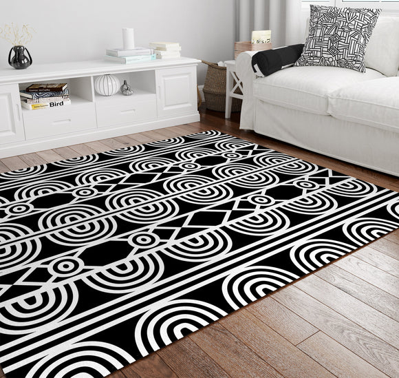 Idia - Black and White Printed Abstract Tribal Geometric Area Rug