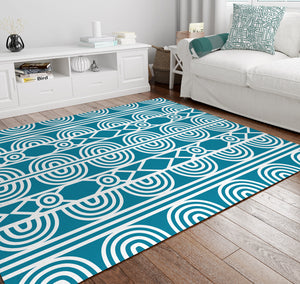 Siji - Turquoise & White Printed Tribal Geometric Area Rug